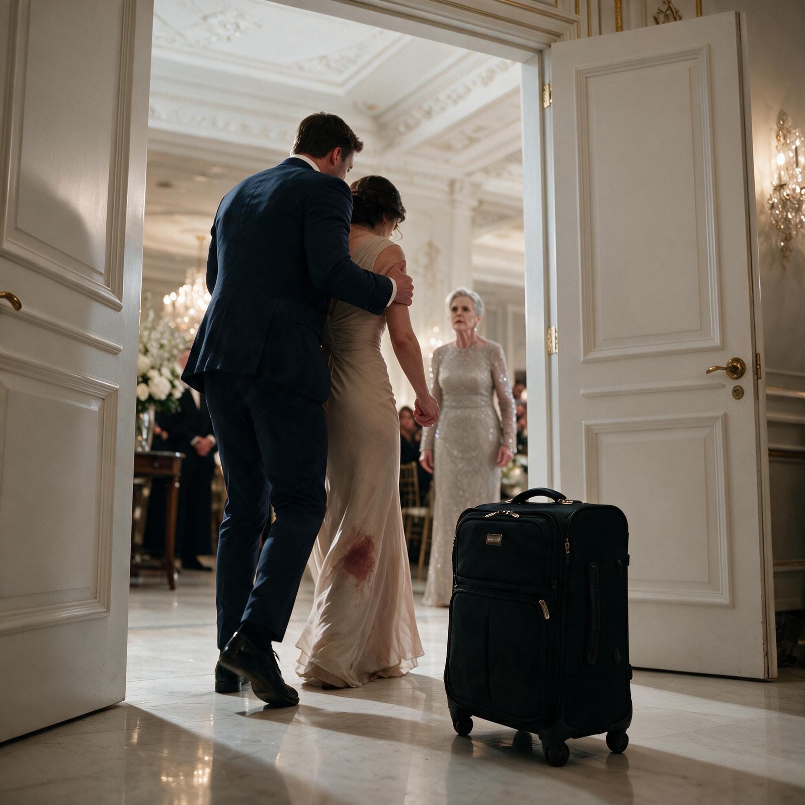 A husband in a navy suit guiding his wine-stained wife out through tall white ballroom doors while his silver-gowned mother watches frozen from inside the ballroom, a black wheeled suitcase standing abandoned beside the doors
